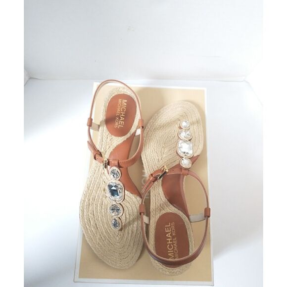 New! MICHAEL KORS Women's Rhinestone T-Strap Espadrille Sandals Size 8 Brown - Picture 11 of 14